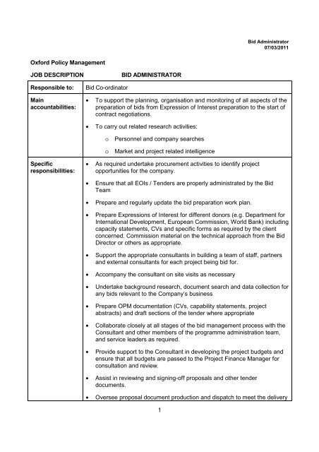 Bid Administrator Job Description - Oxford Policy Management