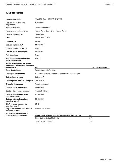 FormulÃ¡rio Cadastral - VersÃ£o 1 - 2010 - Itautec