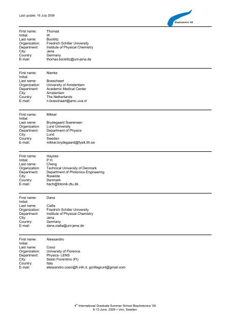 List of Participants - Center for Biomedical Optics and New Laser ...