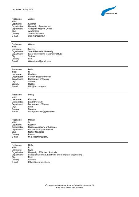 List of Participants - Center for Biomedical Optics and New Laser ...