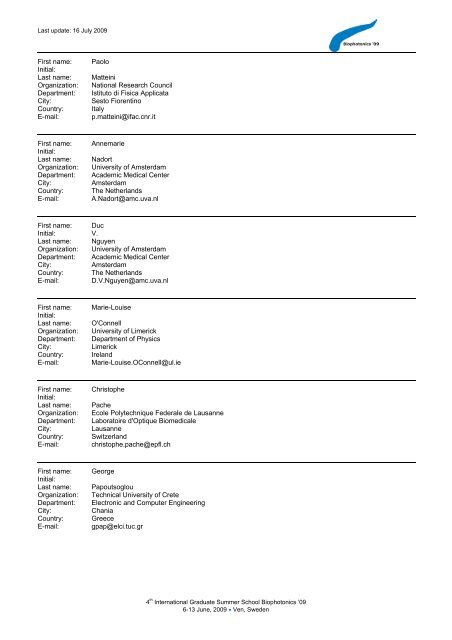 List of Participants - Center for Biomedical Optics and New Laser ...