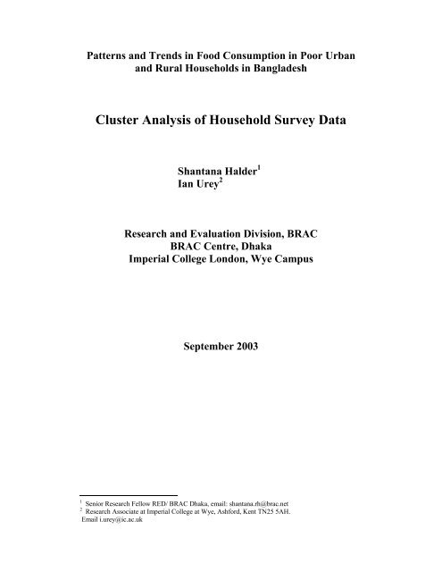 Cluster Analysis of Household Survey Data - BRAC Research and ...