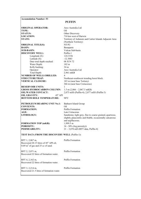 COMPOSITIONAL DATA : GAS : GAS PROPERTIES Puffin Fm RFT ...