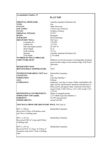 COMPOSITIONAL DATA : GAS : GAS PROPERTIES Puffin Fm RFT ...