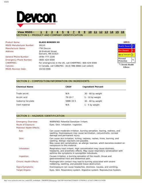 View MSDS : 1 2 3 4 5 6 7 8 9 10 11 12 13 14 15 16 ... - Devcon