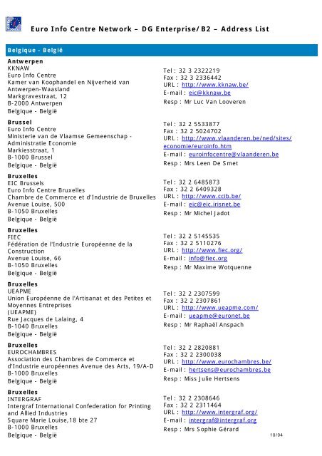 Euro Info Centre Network â DG Enterprise/B2 â Address List