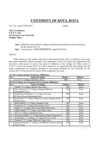 Affiliation status of B.Ed. colleges (PTET 2013-14) - University of Kota