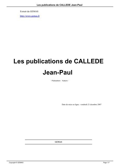 Les publications de CALLEDE Jean-Paul - Copyright Â© GEMAS