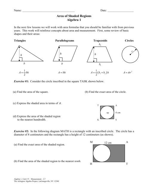Area of Shaded Regions Algebra 1