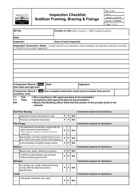 Inspection Checklist Subfloor Framing Bracing Fixings