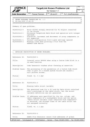 TargetLink Known Problems List - dSPACE