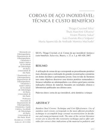 coroas de aÃ§o inoxidÃ¡vel: tÃ©cnica e custo benefÃ­cio - USC