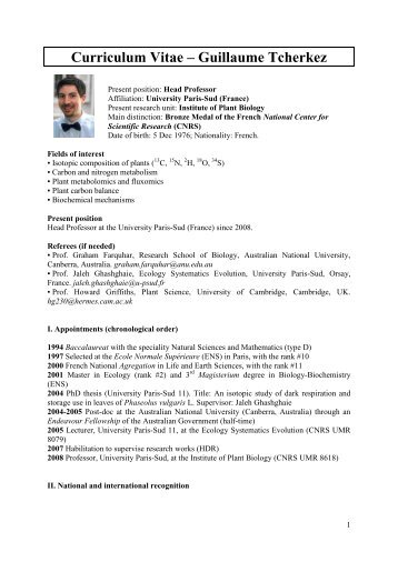 Curriculum Vitae – Guillaume Tcherkez - Plateforme Métabolisme ...