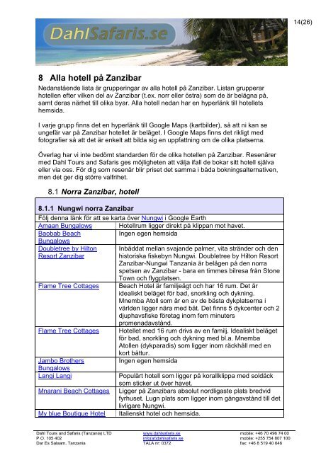 hotell pÃ¥ Zanzibar i Tanzania samt reseinformation - Dahl Safaris