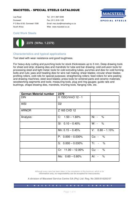 MACSTEEL - SPECIAL STEELS CATALOGUE Cold Work Steels ...