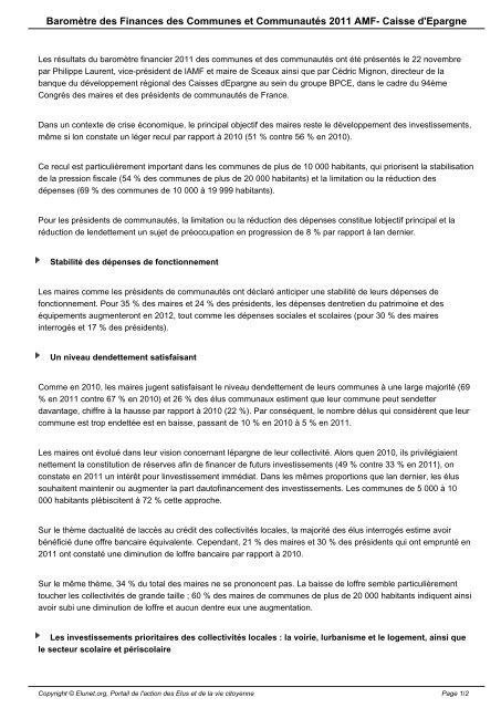 BaromÃ¨tre des Finances des Communes et CommunautÃ©s ... - Elunet