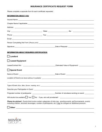 INSURANCE CERTIFICATE REQUEST FORM - Novick Group, Inc.