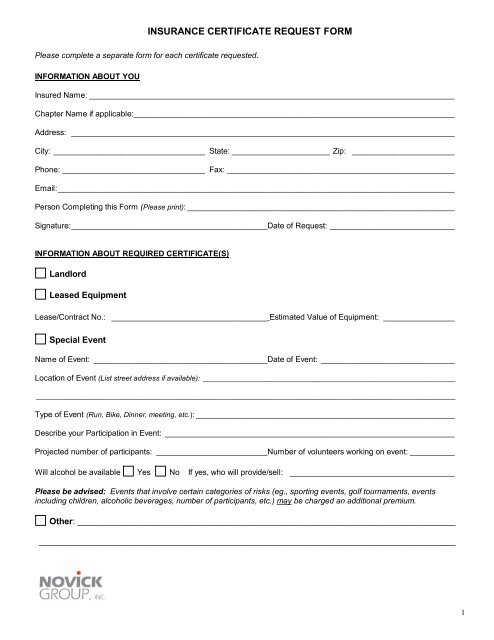 INSURANCE CERTIFICATE REQUEST FORM - Novick Group, Inc.