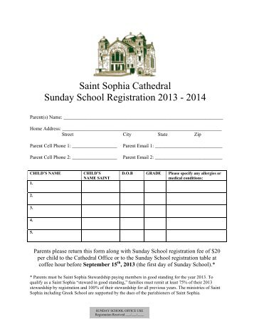 Sunday School Registration Form - Saint Sophia Greek Orthodox ...