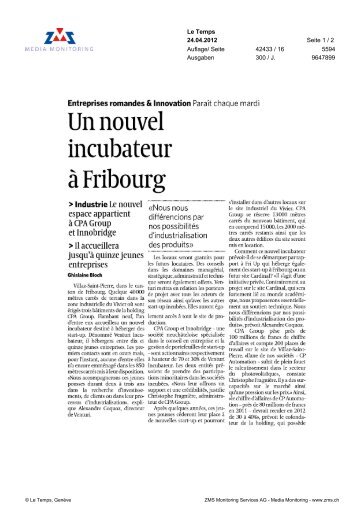 Un nouvel incubateur Ã  Fribourg - Fri Up