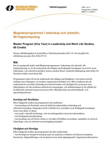 Magisterprogram i ledarskap och arbetsliv, 60 hp (pdf 67 kB)