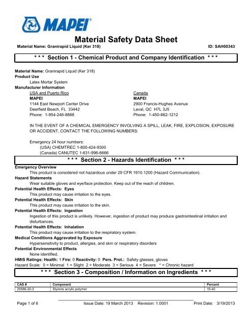Material Safety Data Sheet - Northland Construction Supplies