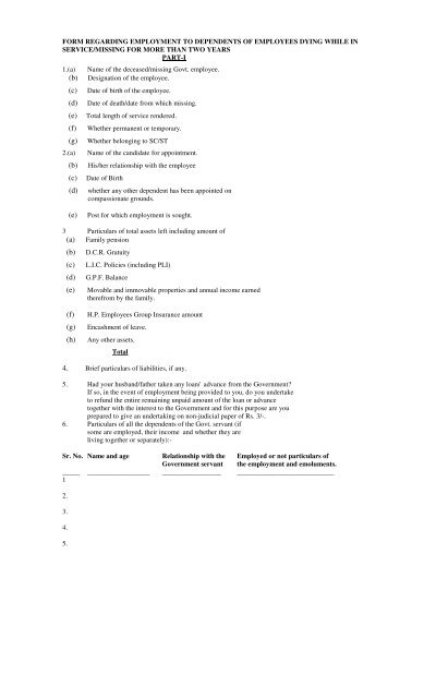 FORM REGARDING EMPLOYMENT TO DEPENDENTS OF ...