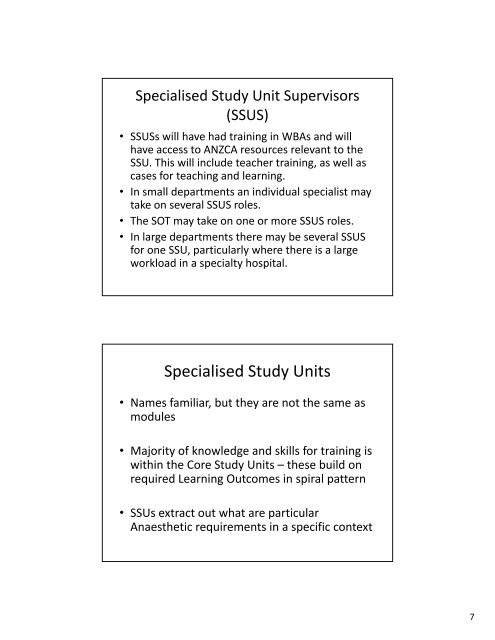 ANZCA curriculum revision - specialised study units