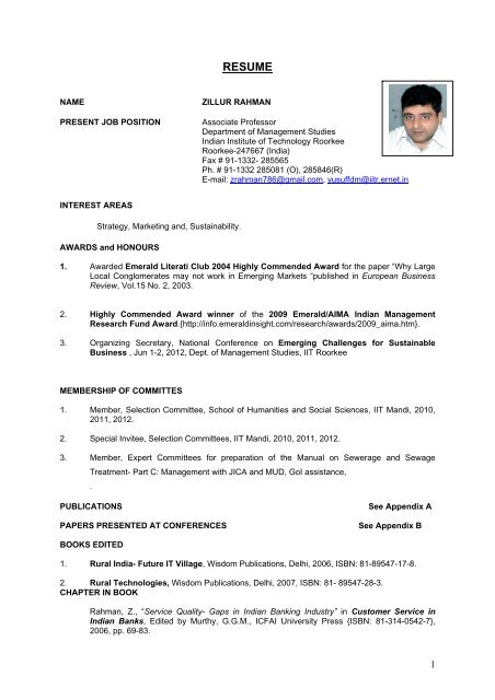 RESUME Indian Institute of Technology - Resume Indian Institute Of Technology Roorkee 