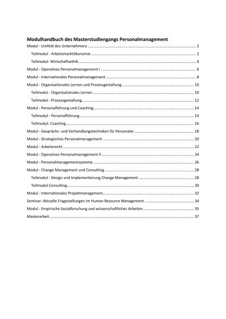 Modulhandbuch des Masterstudiengangs Personalmanagement