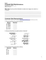 Data Representation Worksheet - Garfield Computer Science