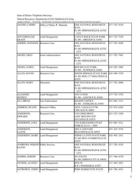 State of Illinois Telephone Directory Natural Resources, Department ...