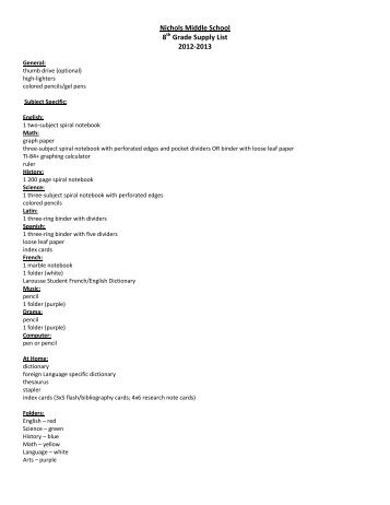 Nichols Middle School 8th Grade Supply List 2012-2013