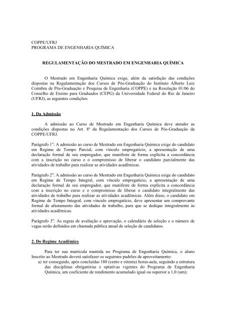 Regulamento do Curso de Mestrado do PEQ - peq / coppe / ufrj