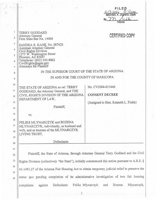 Consent Decree - Arizona Attorney General