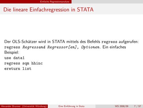 Eine EinfÃƒÂ¼hrung in Stata - Regressionsanalyse - UniversitÃƒÂ¤t WÃƒÂ¼rzburg