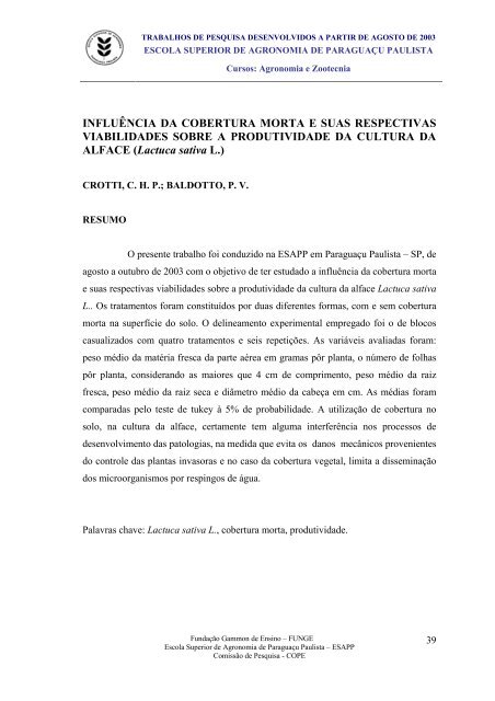 2Âº semestre letivo de 2003 - funge - FundaÃ§Ã£o Gammon de Ensino