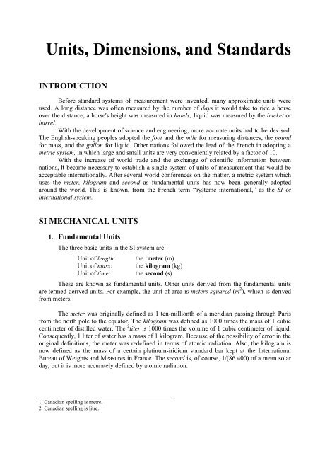 Units, Dimensions, and Standards INTRODUCTION