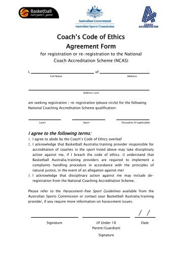 Coach's Code of Ethics Agreement Form - Basketball Australia