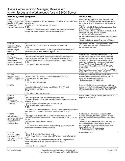 Known Issues for S8400 - Avaya Support