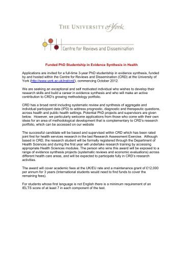 Funded PhD Studentship in Evidence Synthesis ... - University of York