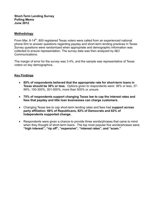 Short-Term Lending Survey Polling Memo June 2012 ... - Raise Texas