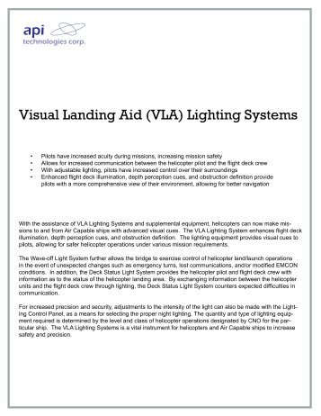 Visual Landing Aid (VLA) Lighting Systems Data Sheet.