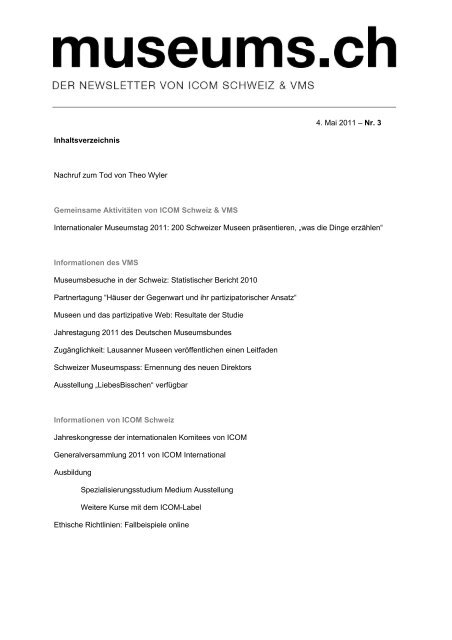 Newsletter ICOM Schweiz & VMS 3-2011 - Museen in der Schweiz