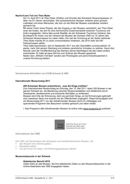 Newsletter ICOM Schweiz & VMS 3-2011 - Museen in der Schweiz
