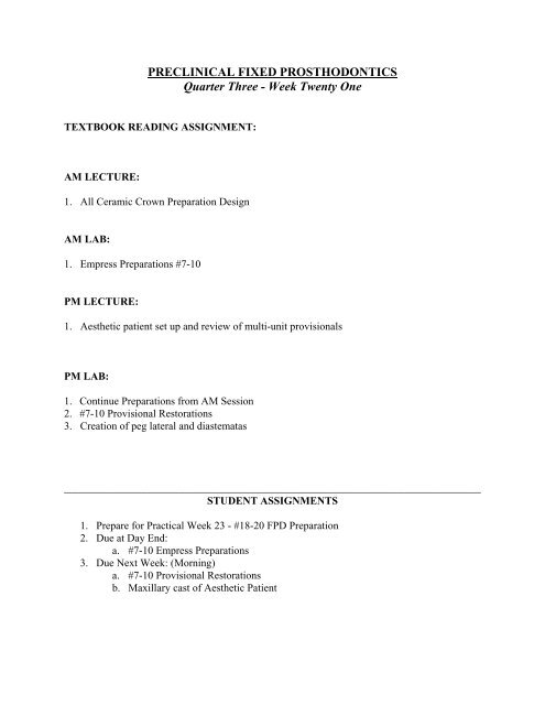 PRECLINICAL FIXED PROSTHODONTICS – CLASS OF 2001
