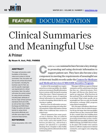 Clinical Summaries and Meaningful Use: A Primer (JHIM) - himss