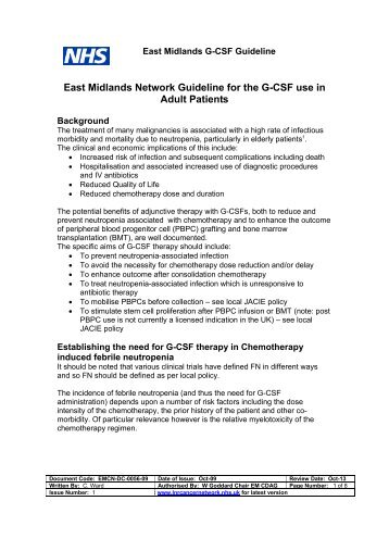 East Midlands Network Guideline for the G-CSF use in Adult Patients