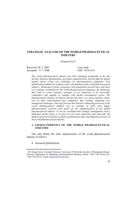 Strategic Management Aspects Of The World Pharmaceutical Industry
