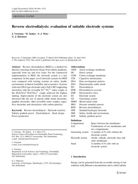 Reverse electrodialysis: evaluation of suitable electrode systems - ITM